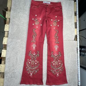 Jacaranda‎ woman’s size 9 jeans Nwt beaded floral details studded bootcut Red
